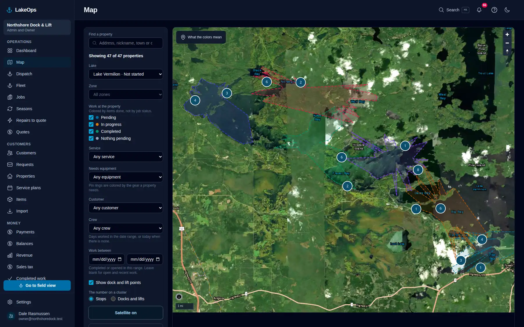 The LakeOps map over satellite imagery: properties pinned along a shoreline, zones outlined the way you split your lakes, and a filter panel for lake, zone, service and required equipment