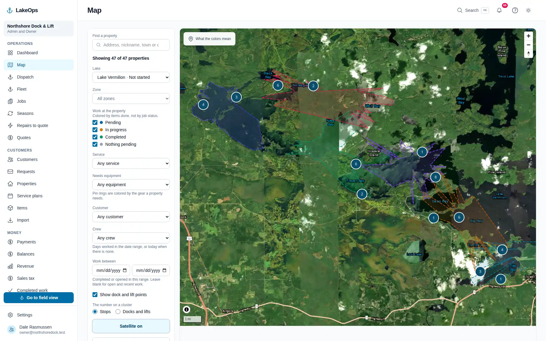 The LakeOps map over satellite imagery: properties pinned along a shoreline, zones outlined the way you split your lakes, and a filter panel for lake, zone, service and required equipment
